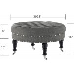 24KF Large Round Upholstered Tufted Button Linen Ottoman Coffee Table Large Footrest with Caters Rolling Wheels-Granite
