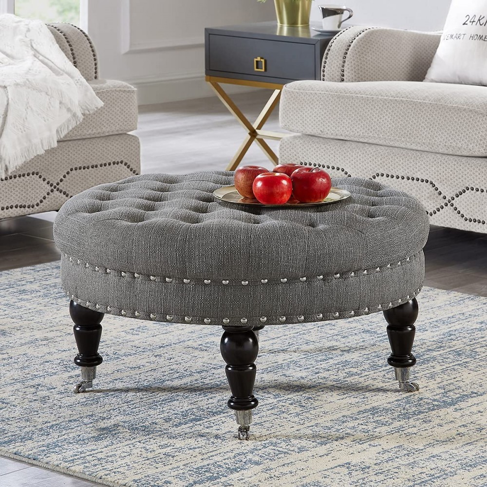 24KF Large Round Upholstered Tufted Button Linen Ottoman Coffee Table Large Footrest with Caters Rolling Wheels-Granite