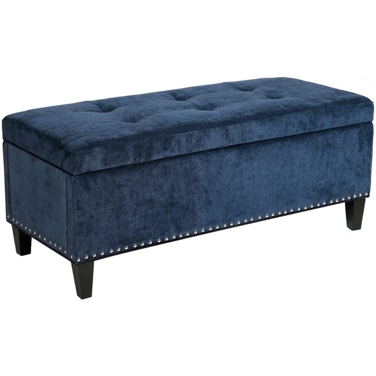 Adeco Rectangular Storage Ottoman Tufted Bench Footstool with Sturdy Legs Blue-2