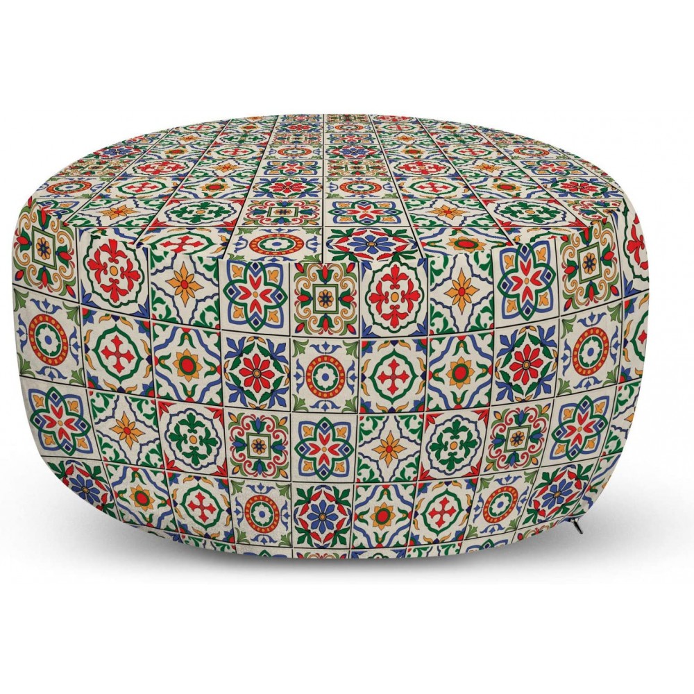 Ambesonne Moroccan Ottoman Pouf Colorful Azulejo Pattern Portuguese Ornamental Abstract Floral Arrangements Leaves Decorative Soft Foot Rest with Removable Cover Living Room and Bedroom Beige Blue