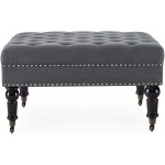 BELLEZE Modern 34 Inch Square Linen Ottoman with Caster Wheels Contemporary Classic Footsool Bench with Button Tufted Top Nailhead Trim Wood Legs Ravenna Deep Grey