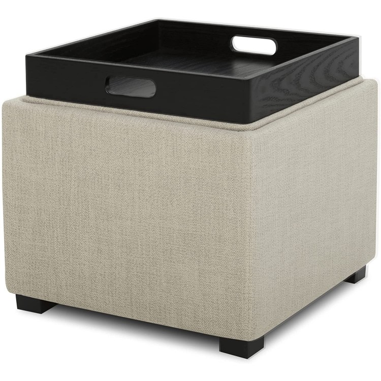 CHITA Storage Ottoman Cube with Tray,Footrest Stool Seat Serve as Side Table,Fabric in Flax