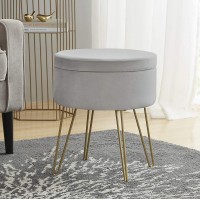 Ornavo Home Modern Round Velvet Storage Ottoman Foot Rest Vanity Stool Seat with Gold Metal Legs & Tray Top Coffee Table Silver