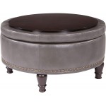 OSP Home Furnishings Augusta Round Storage Ottoman with Decorative Nailheads and Flip Over Lid with Serving Tray Surface Pewter Grey Faux Leather