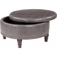 OSP Home Furnishings Augusta Round Storage Ottoman with Decorative Nailheads and Flip Over Lid with Serving Tray Surface Pewter Grey Faux Leather
