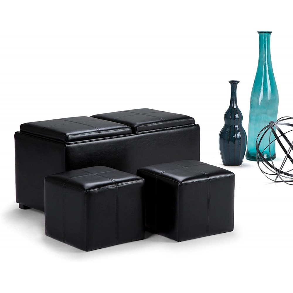SIMPLIHOME Avalon 35 inch Wide Rectangle 5 Pc Storage Ottoman with 2 serving Trays in Upholstered Midnight Black Faux Leather Footrest Stool Coffee Table for the Living Room Bedroom Contemporary