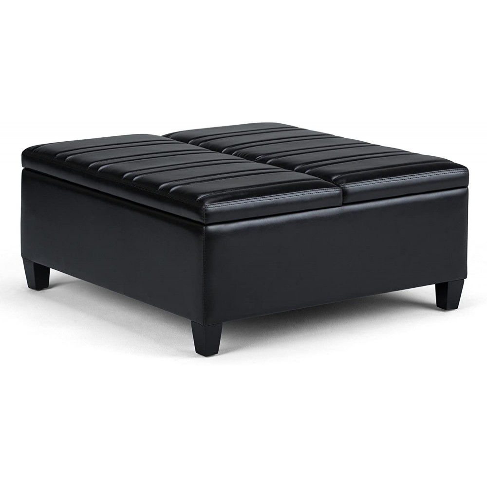 SIMPLIHOME Ellis 36 inch Wide Square Coffee Table Lift Top Storage Ottoman Cocktail Footrest Stool in Upholstered Midnight Black Faux Leather for the Living Room Contemporary