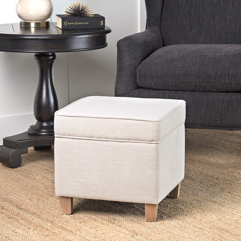 Square Storage Ottoman Wood Legs Soft Neutral Natural Solid Casual Mid-Century Modern Foam Linen