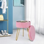 Velvet Footrest Stool Ottoman Round Square Modern Upholstered Vanity Footstool Side Table Seat Dressing Chair with Golden Metal Leg Pink Round-Storage