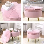 YIUI Pink Velvet Upholstered Storage Ottoman Round Foot Rest Vanity Stool with Gold Metal Legs Pink