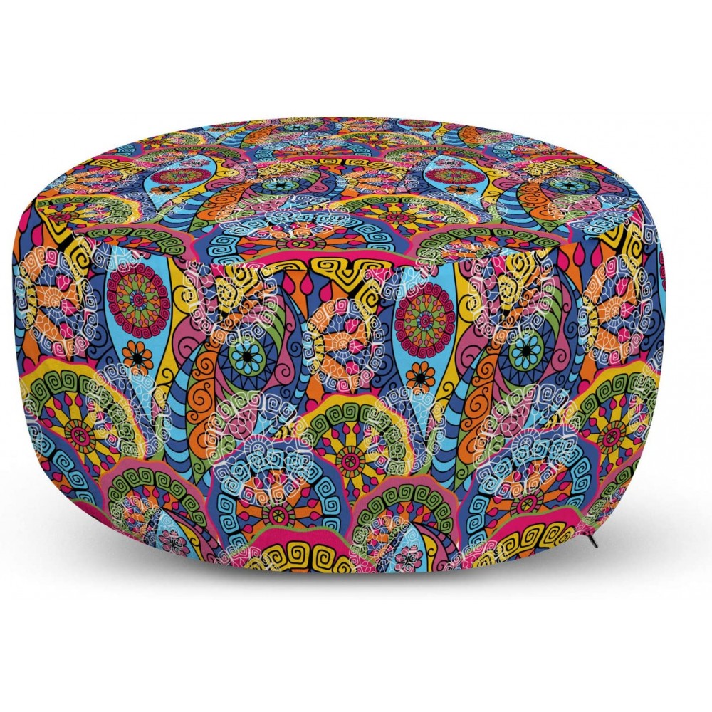 Ambesonne Mandala Ottoman Pouf Colorful Abstract Sixties Inspired Pattern Flower Design with Stripes Lines Decorative Soft Foot Rest with Removable Cover Living Room and Bedroom Pale Blue