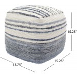 Christopher Knight Home Alma Cube Pouf Boho Blue and White Recycled Denim and Cotton Chindi Sequins