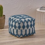 Great Deal Furniture Jessie Boho Cube Wool and Cotton Pouf Teal and White