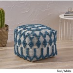 Great Deal Furniture Jessie Boho Cube Wool and Cotton Pouf Teal and White