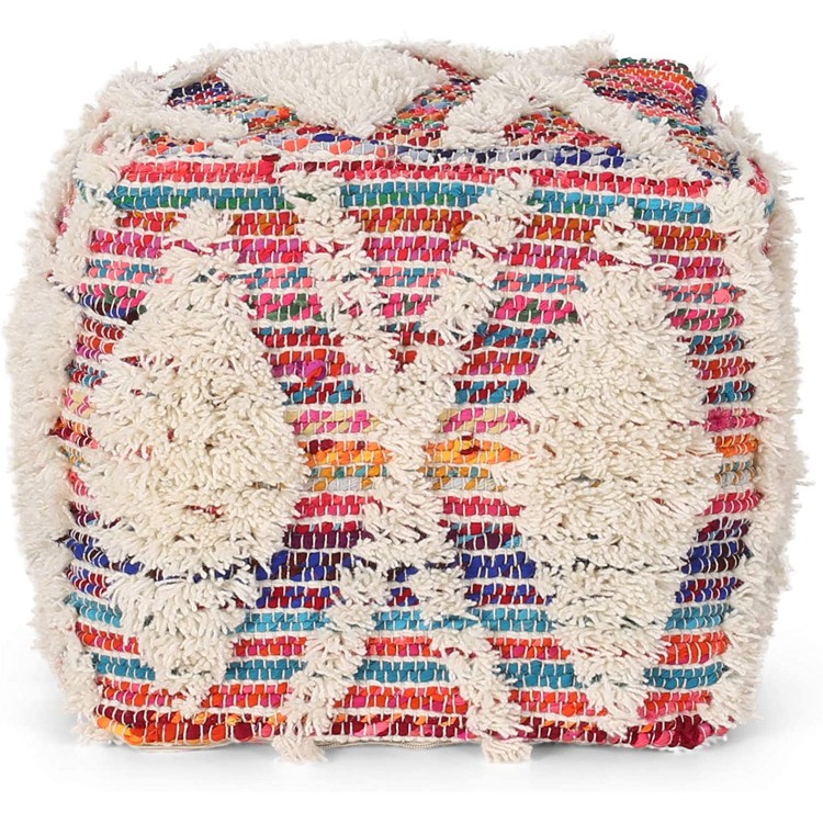 Great Deal Furniture Noble House Harper Boho Wool and Chindi Pouf in Multicolor