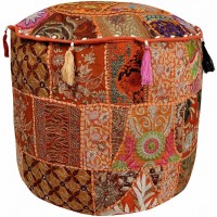Home Decorative Pouf Round Ottoman Pouf Cover Embroidered Patchwork Pouffe Cover 22*22*14 inch