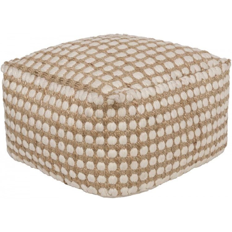 Large Jute Ottoman Brown Farmhouse Stripe Textured Squared Pouf White Natural Braided for Sitting Area Cottage Cabin Living Room Durable Modern