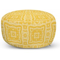 Lunarable Yellow Mandala Ottoman Pouf Square Shaped Mandala Paisley Inspired Bohem Traditional Retro Decorative Soft Foot Rest with Removable Cover Living Room and Bedroom Yellow White