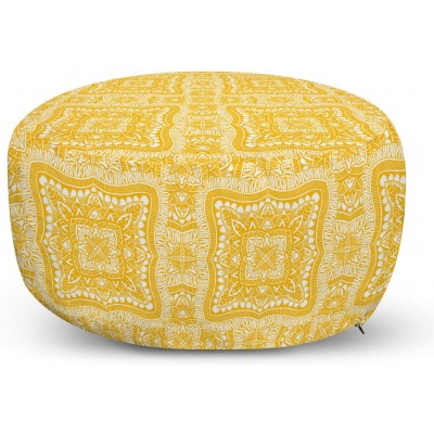 Lunarable Yellow Mandala Ottoman Pouf Square Shaped Mandala Paisley Inspired Bohem Traditional Retro Decorative Soft Foot Rest with Removable Cover Living Room and Bedroom Yellow White