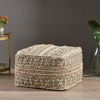 Modern Handcrafted Geometric Tufted Crisscross Cotton Wool Boho Pouf Contemporary Unique Lightweight Durable Comfortable White Beige Square Pouf Perfect Home Decor 26.00" D x 26.00" W x 16.50" H