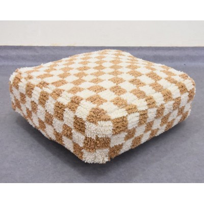 Moroccan Berber Square Checkered Pouf Ottoman Handmade & Handwoven Footstool Organic Wool Pouf 8 Color 15 x 15 x 8 inches 38 x 38 x 20 cm Beige & White
