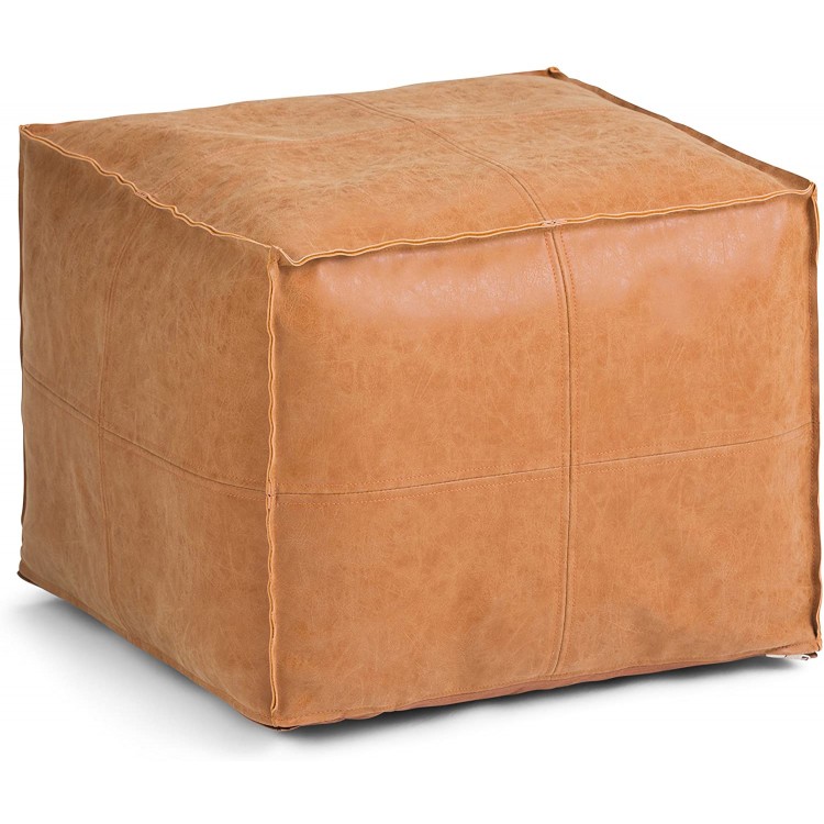 SIMPLIHOME Brody Square Pouf Footstool Upholstered in Distressed Brown Faux Leather for the Living Room Bedroom and Kids Room Transitional Modern
