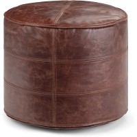 SIMPLIHOME Connor Round Pouf Footstool Upholstered in Distressed Brown Leather for the Living Room Bedroom and Kids Room Transitional Modern