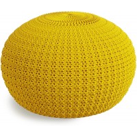 SIMPLIHOME Sonata Boho Round Knitted Outdoor  Indoor Pouf in Yellow Recycled PET Polyester for the Living Room Family Room Bedroom and Kids Room