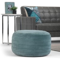 SIMPLIHOME Vivienne Boho Round Pouf in Turquoise Velvet Footstool Footrest Upholstered for the Living Room Family Room
