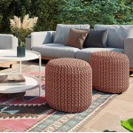SIMPLIHOME Wynne Boho Round Knitted Outdoor  Indoor Pouf in Orange Recycled PET Polyester for the Living Room Family Room Bedroom and Kids Room