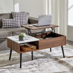 Amerlife Lift Top Coffee Table Marble Texture Tea Table with Hidden Storage Compartment Mid Century Pop up Center Table for Reception Living Room Office Dark Walnut