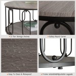 Eazyzon Rustic Round Coffee Table Wooden 2 Tier Living Room Table with Open Storage Shelf O-Shaped Steel Frame Industrial Tables for Home Office Reception Grey