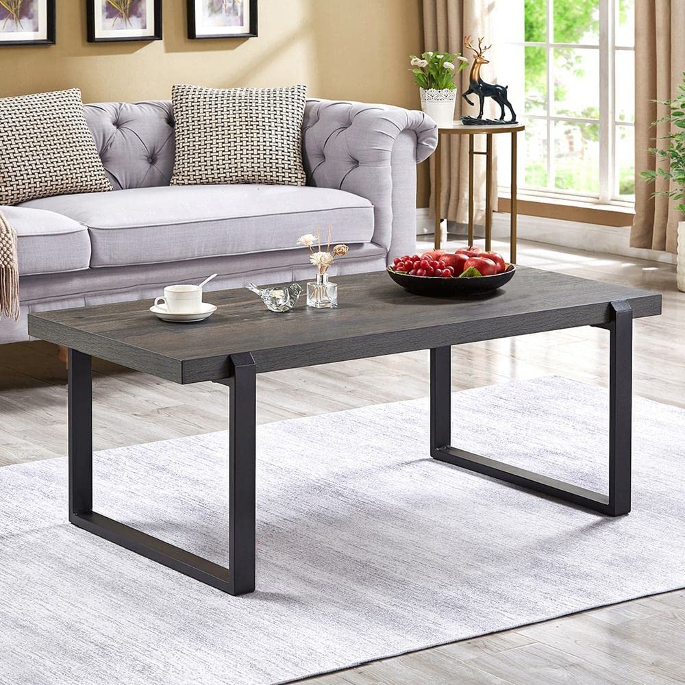 EXCEFUR Coffee Table Rustic Wood and Metal Center Table Modern Cocktail Table for Living Room Grey