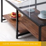 HOMOOI Glass Wood Coffee Table with 2-Tier Staggered Shelves Farmhouse Tea Center Table with Smoked Grey Tempered Glass for Living Room 40" Walnut