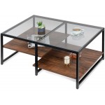 HOMOOI Glass Wood Coffee Table with 2-Tier Staggered Shelves Farmhouse Tea Center Table with Smoked Grey Tempered Glass for Living Room 40" Walnut