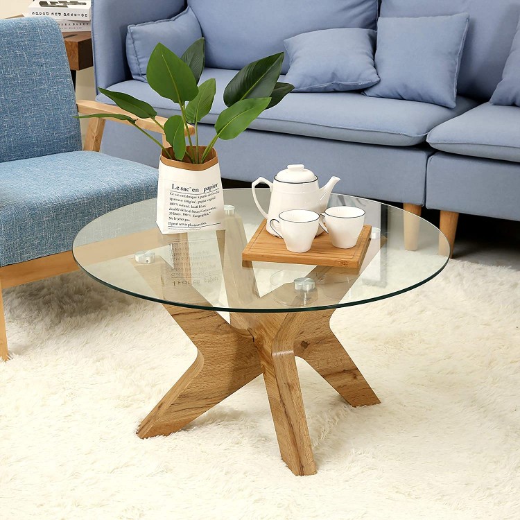 Ivinta Round Glass Coffee Tables for Living Room 31.5 in Accent Coffee Side Tea Table with Natural Wood Frame and Tempered Glass Top Center Table for Home Office Cafe