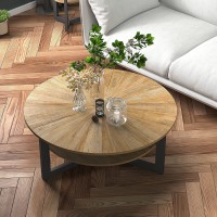LEEMTORIG Round Coffee Table with Storage Farmhouse Coffee Table for Living Room Solid Wood Circle Center Table Rustic Natural Wood Tabletop & Black Metal Frame 35.3" D x 17.8" H KFZ-1338