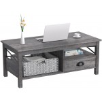 LGHM Coffee Table Farmhouse Coffee Table with Storage Drawer and Basket Wood Coffee Tables for Living Room Rustic & Modern Style Grey