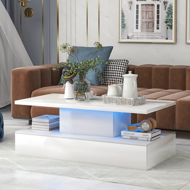 Merax 47.2'' 2-Tier LED Light Coffee Table Modern Industrial Design Tempered Glass Top Cocktail Table with 16-Color LED Lighting and a Remote Control for Livingroom White