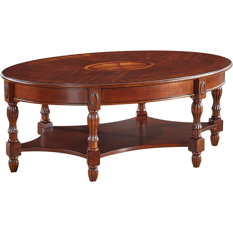 MODERION Solid Wood Coffee Table Traditional Oval Cocktail Table with Storage Shelf Carvings Side Elegant Vintage Sofa Table for Living Room,Office Walnut