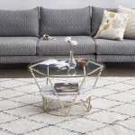 Modern Gold Coffee Table，KIREINAKAWA Round Coffee Table Mid Century Glass Cofee Table with Storage，White Marble Coffe Table Clear Coffee Tables Tea Table Circle Center Table for Living Room