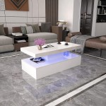 Naladoo Modern Glossy White Coffee Table W LED Lighting 2 Tiers High Glossy Coffee Table with 16 Colors LED Lights Contemporary Rectangle Design Living Room Furniture