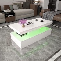 Naladoo Modern Glossy White Coffee Table W LED Lighting 2 Tiers High Glossy Coffee Table with 16 Colors LED Lights Contemporary Rectangle Design Living Room Furniture