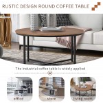 P PURLOVE Round Coffee Table Rustic Coffee Table for Living Room Balcony Home Office Wood Desktop Metal Frame Brown and Black