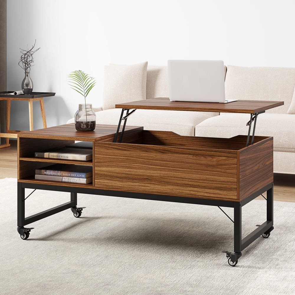 Raybee Lift Top Coffee Table on Wheels Wood Coffee Table with Storage Hidden Compartment and Removable Shelf Pop Up Coffee Table Adjustable Center Table for Living Room Office Walnut Brown