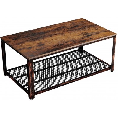 Rolanstar Coffee Table with Storage Bins Industrial Coffee Table with Mesh Shelf for Living Room Wood Look Accent Furniture with Stable Metal Frame Rustic Brown