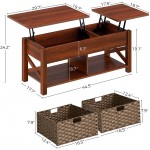 Rolanstar Lift Top Coffee Table with Storage and Rattan Baskets Rustic Wood Raisable Top Central Table for Living Room Hidden Compartment Shelf Two-Way Lift Tabletop Espresso