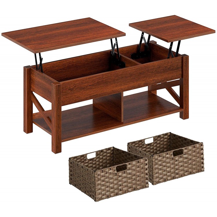 Rolanstar Lift Top Coffee Table with Storage and Rattan Baskets Rustic Wood Raisable Top Central Table for Living Room Hidden Compartment Shelf Two-Way Lift Tabletop Espresso