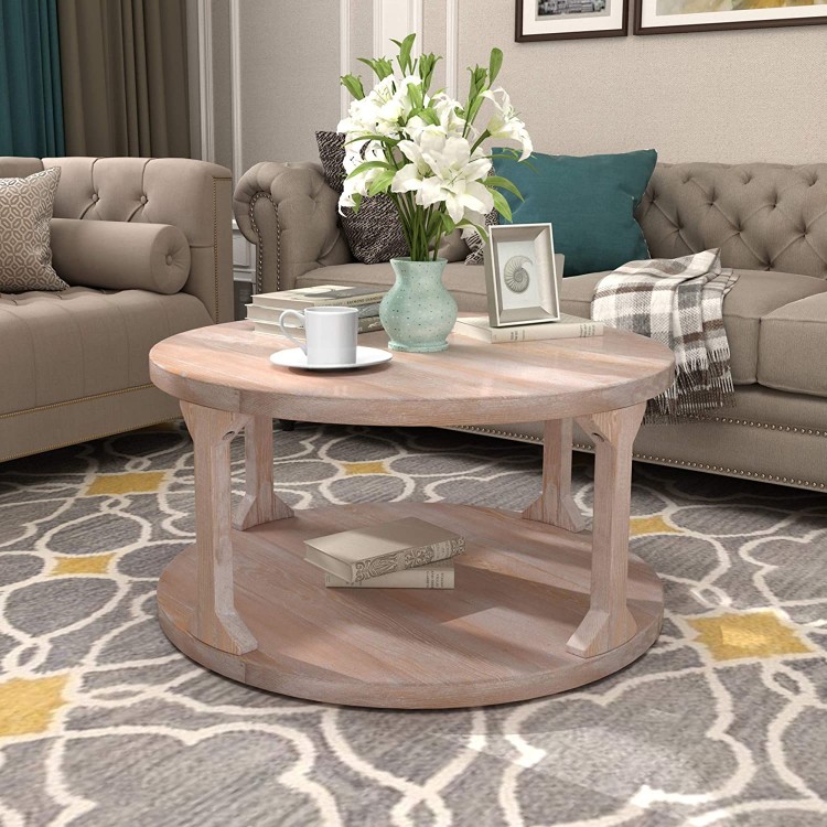 Round Coffee Table with Dusty Wax Coating Rustic Wood Coffee Table for Living Room Home White Wash 35Inchs
