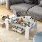 SunsGrove Rectangle Glass Coffee Table Modern 2-Tier Tea Table with Metal Tube Legs and Tempered Glass Tabletop for Living Room White